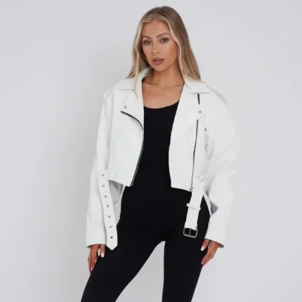 white cropped leather jacket for women
