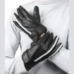 Saturn Men’s Black Leather Gloves With White Stripe
