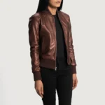 Reida Maroon Leather Bomber Jacket for Women - Image 4