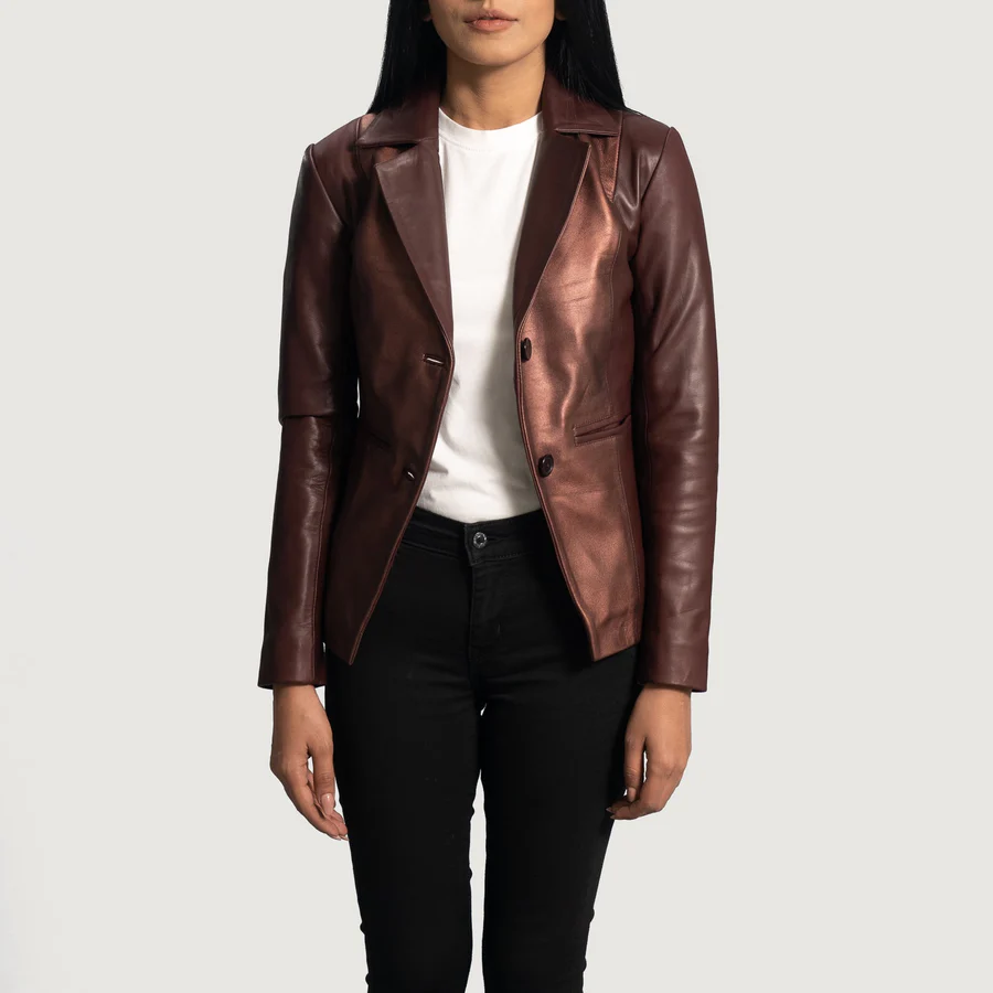 Ruby Metallic Maroon Leather Blazer for Women - Image 4