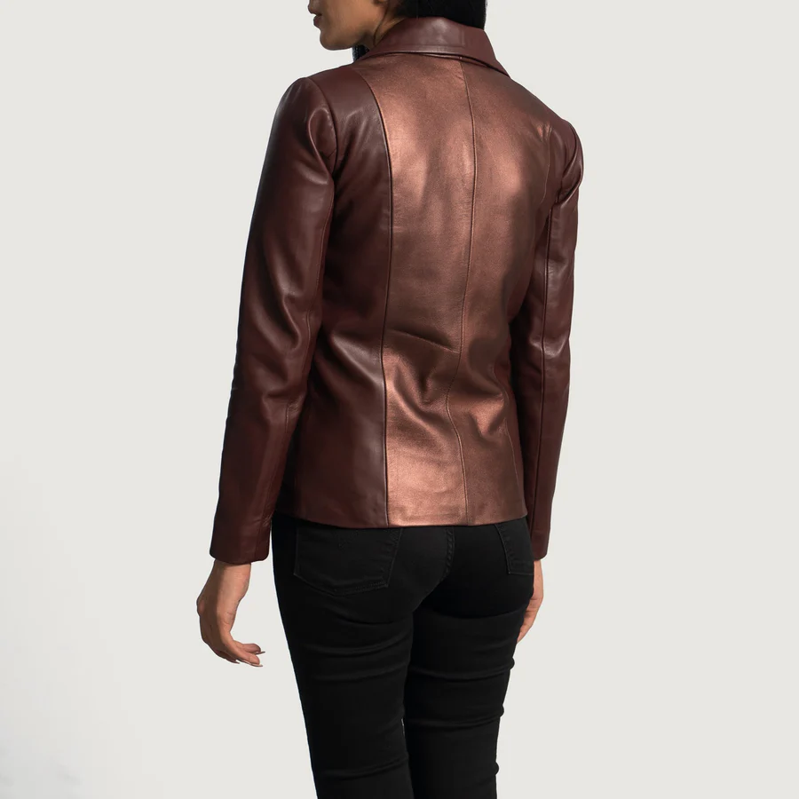 Ruby Metallic Maroon Leather Blazer for Women - Image 6