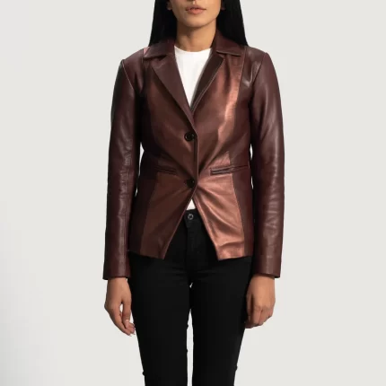 Ruby Metallic Maroon Leather Blazer for Women
