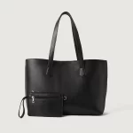 Classic black leather tote bag with pouch