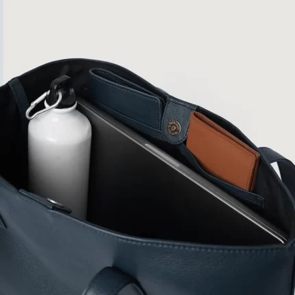 navy blue leather tote bag
