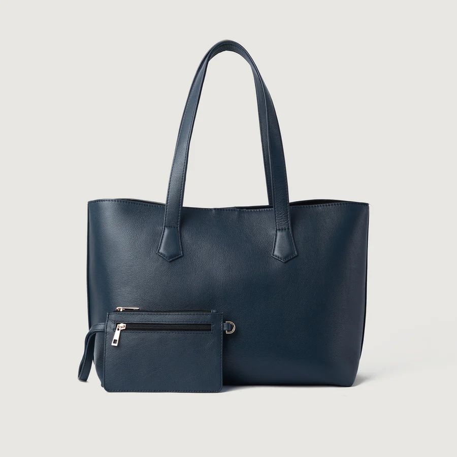blue leather tote bag