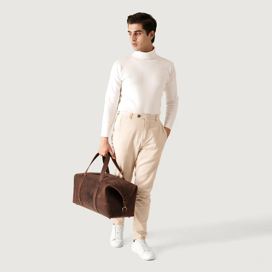 distressed leather duffle bag