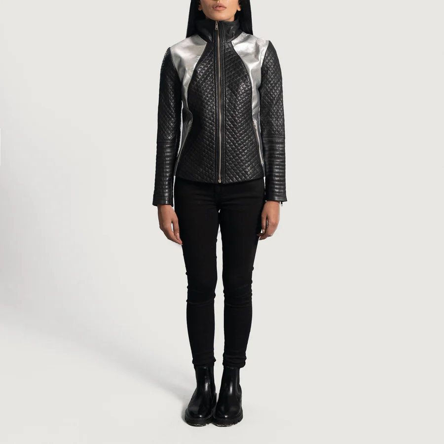 Alia Metallic Women’s Black Leather Biker Jacket - Image 4