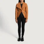 Lee Tan Brown Leather Blazer for Women - Image 5