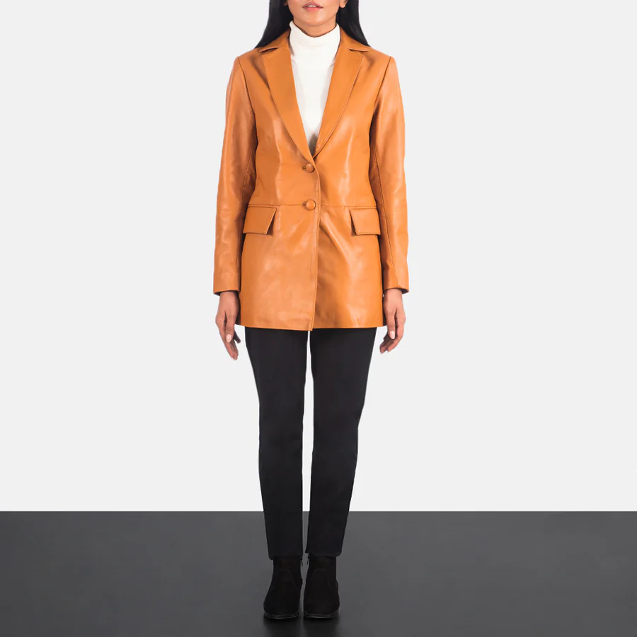 Marilyn Long Tan Brown Leather Blazer for Women - Image 4