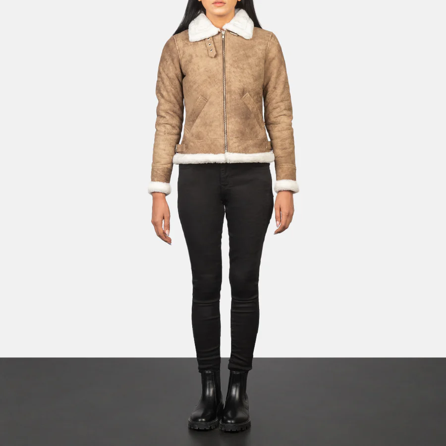 Sherilyn Women’s B-3 Distressed Beige Shearling Leather Bomber Jacket - Image 5