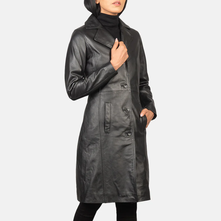 Alexis Women's Black Single-Breasted Leather Trench Coat - Image 4
