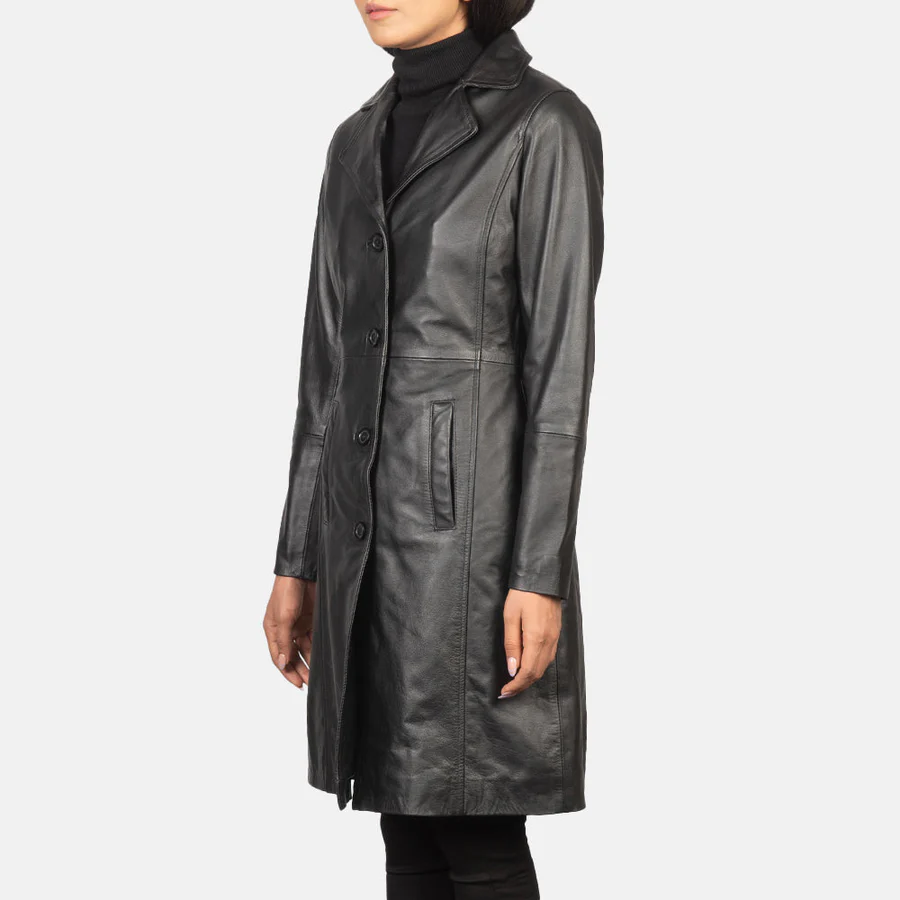 Alexis Women's Black Single-Breasted Leather Trench Coat - Image 5