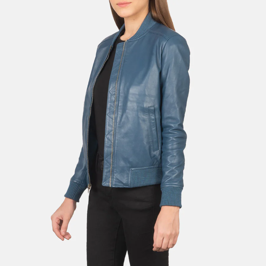 Bliss Blue Leather Bomber Jacket for Women - Image 4