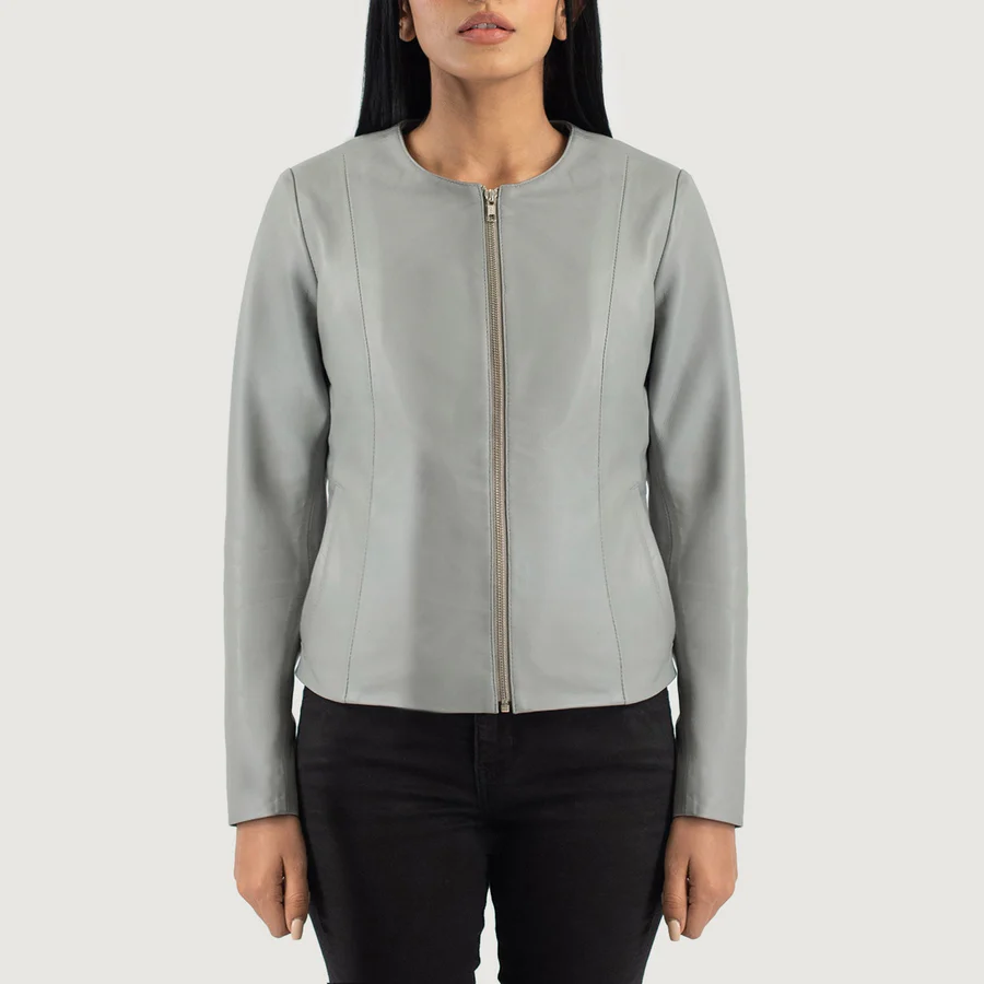 Grey Zip-Up Leather Jacket