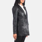 Marilyn Long Black Leather Blazer for Women - Image 5