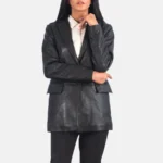 Marilyn Long Black Leather Blazer for Women - Image 4