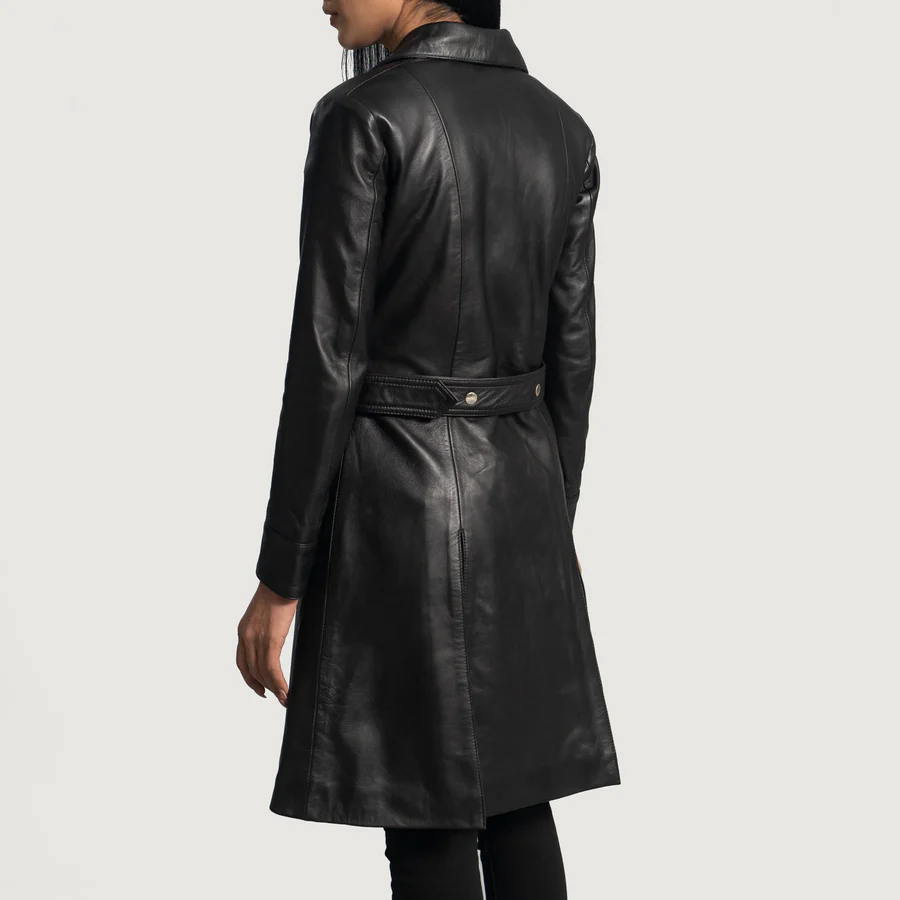 Moonlight Long Black Leather Trench Coat for Women - Image 4