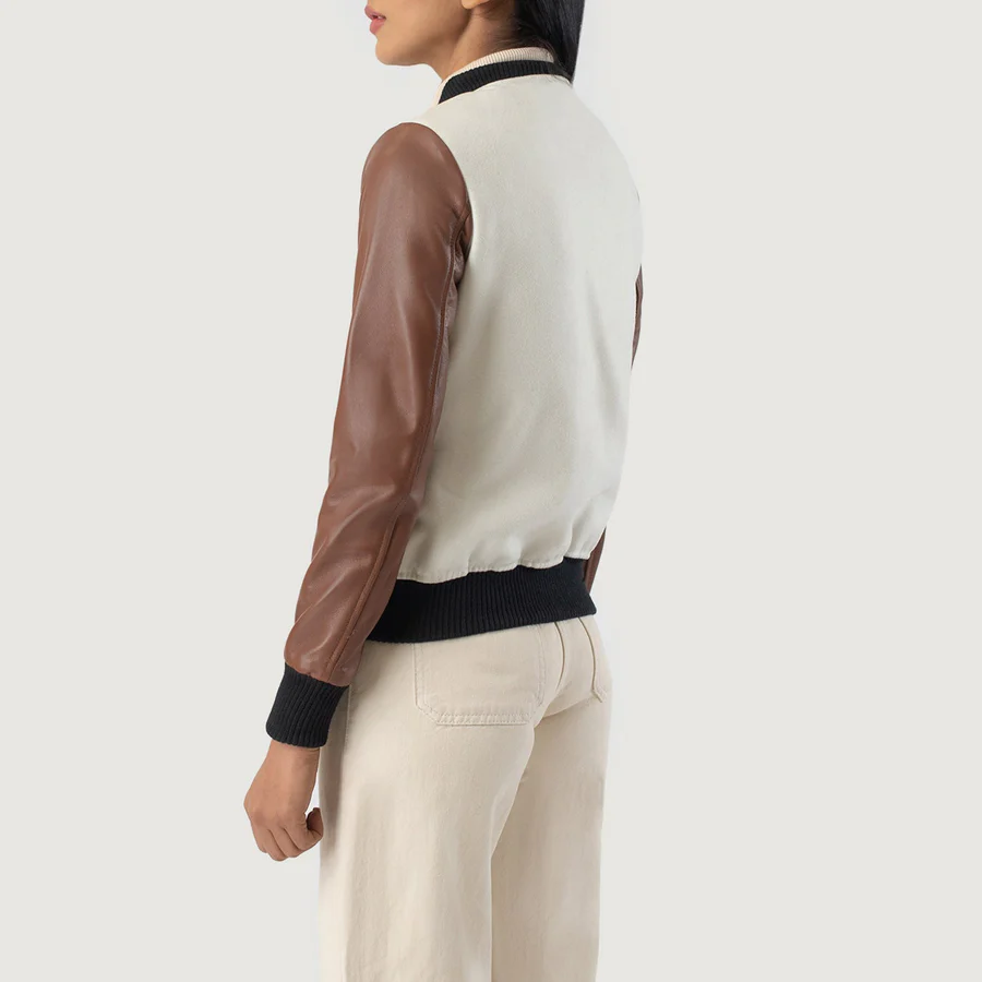 white and brown varsity jacket