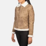 Sherilyn Women’s B-3 Distressed Beige Shearling Leather Bomber Jacket - Image 4