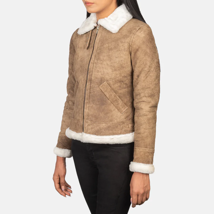 Sherilyn Women’s B-3 Distressed Beige Shearling Leather Bomber Jacket - Image 4