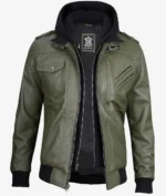 Mens olive green leather bomber with removable hood