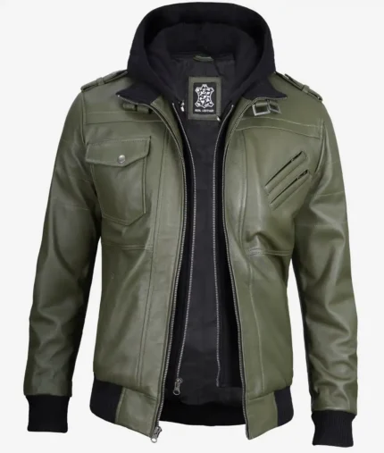 Mens olive green leather bomber with removable hood