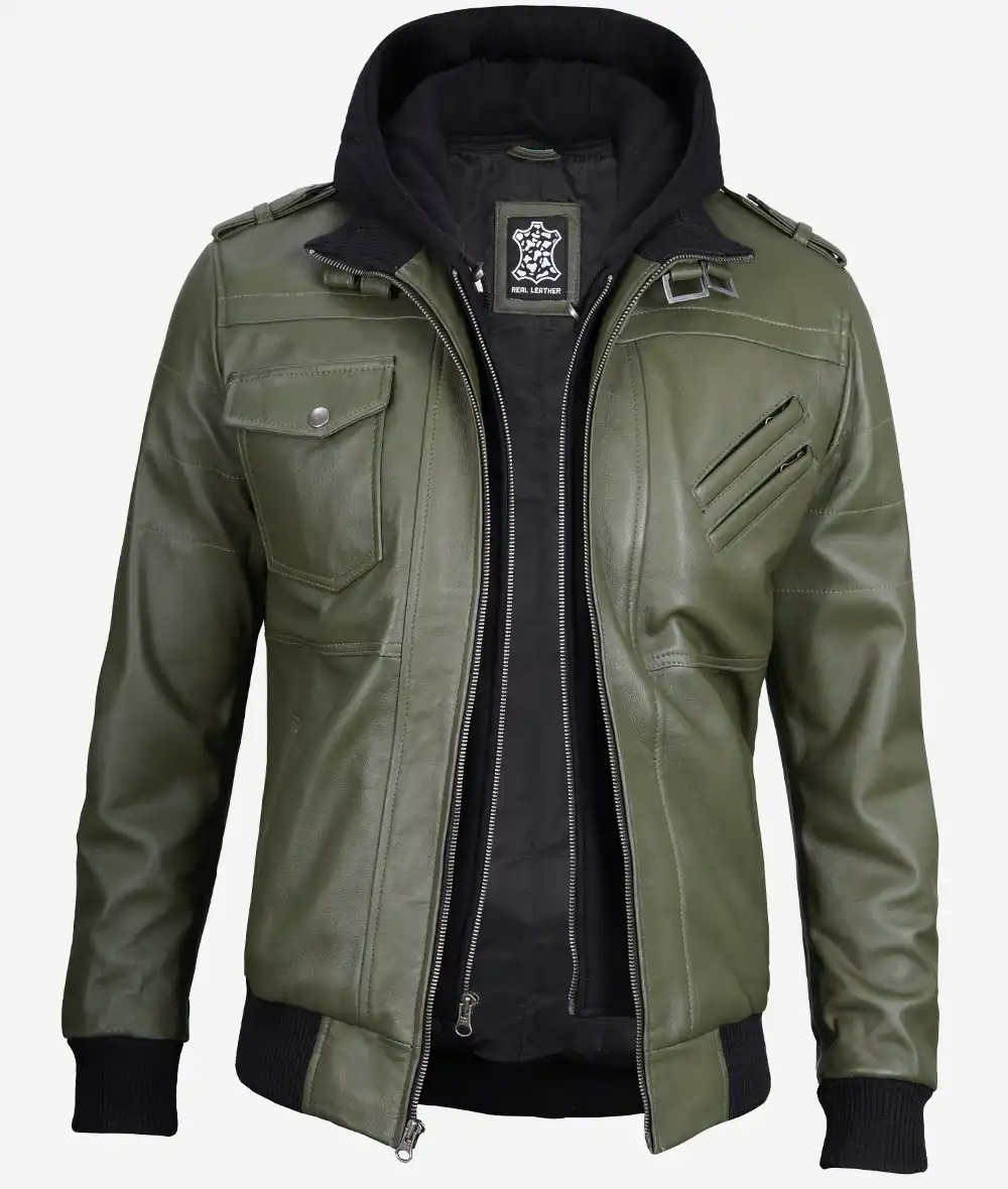 Mens olive green leather bomber with removable hood