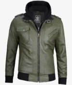 Olive green leather bomber jacket men