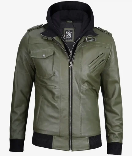Olive green leather bomber jacket men