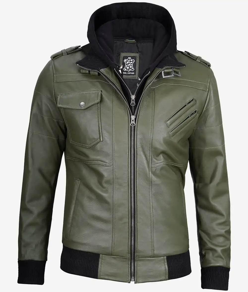Olive green leather bomber jacket men