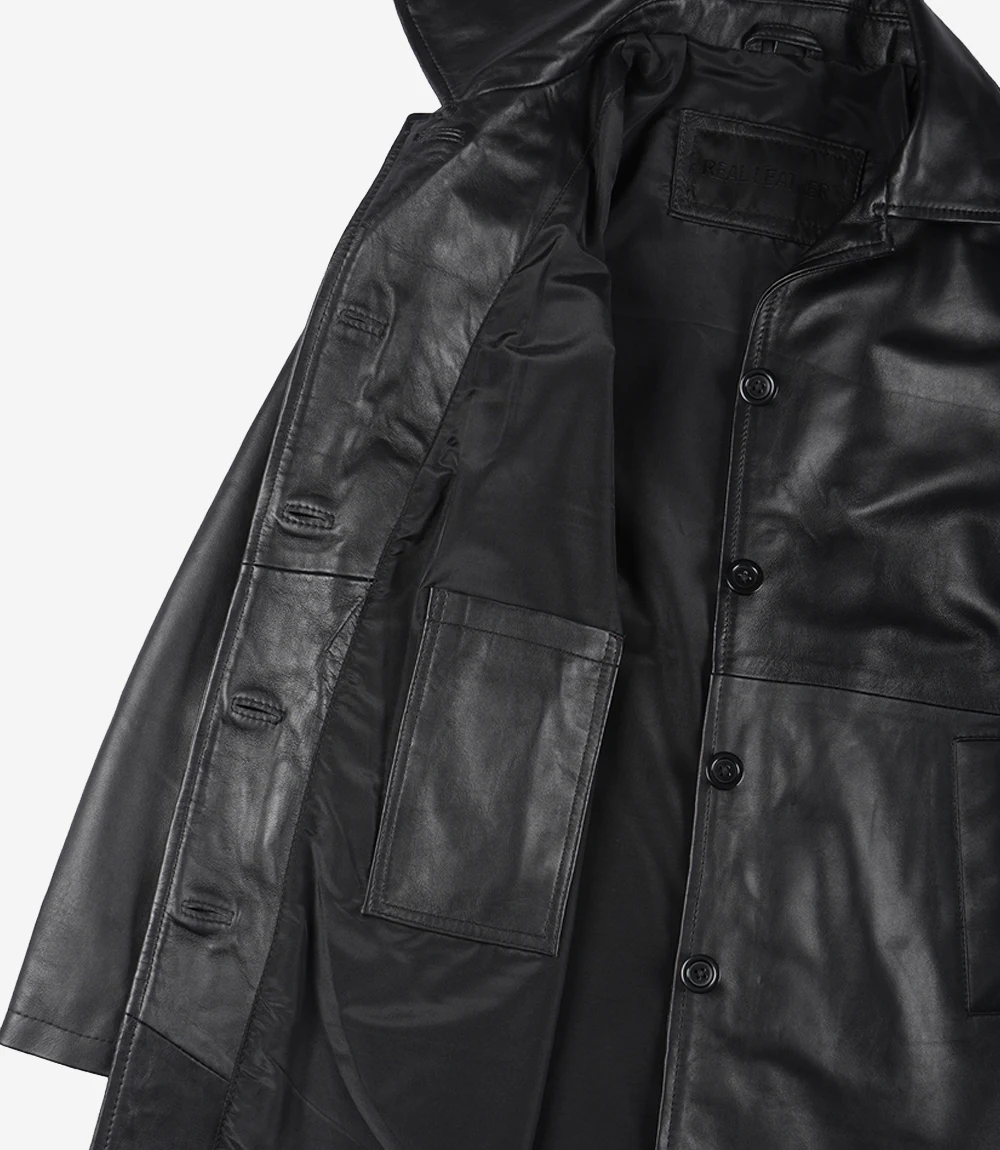 3/4 Length Black Leather Coat