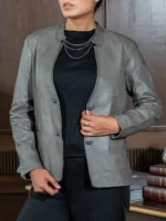 genuine leather stand collar coat women