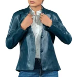 Women’s Mandarin Collar Leather Coat - Image 11