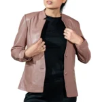 Women’s Mandarin Collar Leather Coat - Image 2