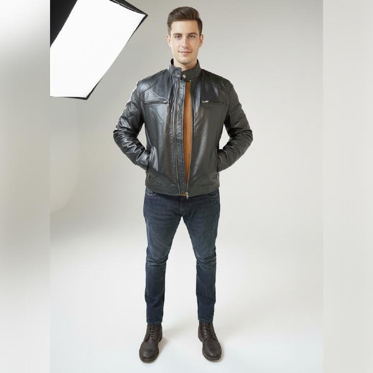 mandarin collar black leather jacket