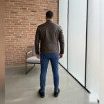 brown leather jacket with mandarin collar