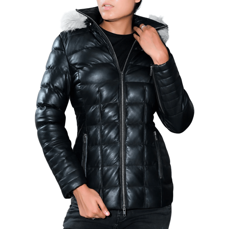 women's leather puffer jacket