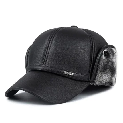 Men’s Leather Baseball Cap with Lined Earflaps