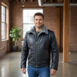 Mens black fur lined leather bomber jacket