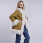 Women’s Vintage Tan Tibet Trim Suede Shearling Coat