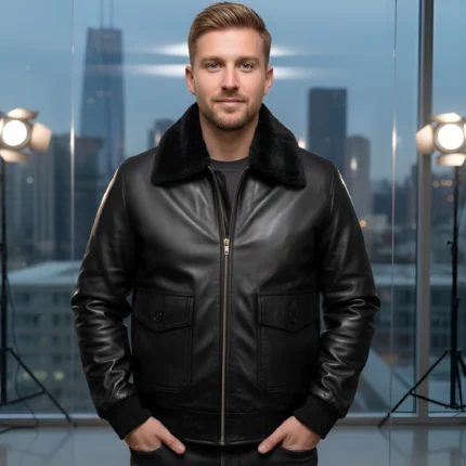 leather bomber jacket with shearling collar