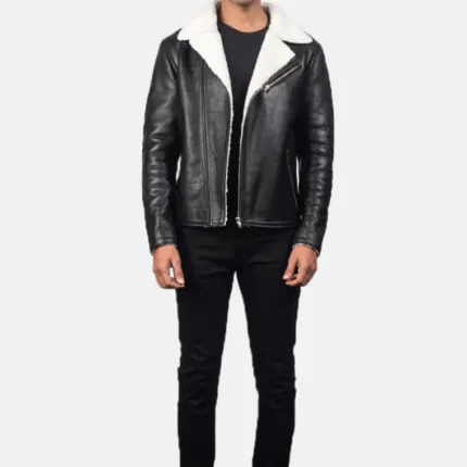 black shearling leather jacket for men