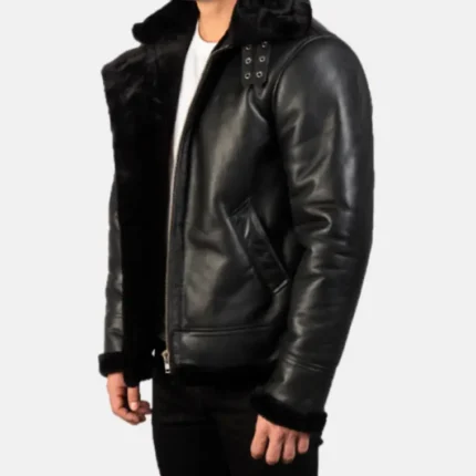 men’s black shearling leather bomber