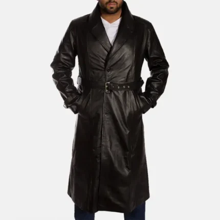 men's black leather trench coat