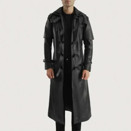 hooded leather trench coat