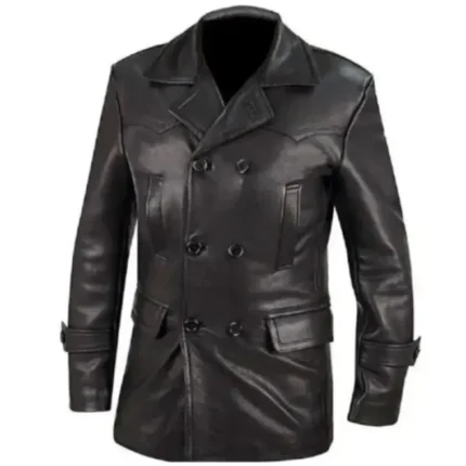 vintage black leather overcoat