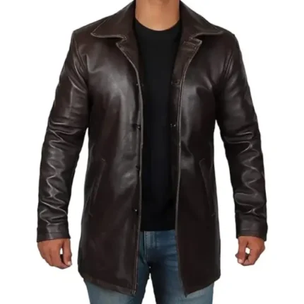 vintage brown leather overcoat