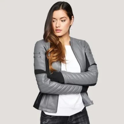 Shop Grey and Black Leather Jacket