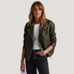 Olive green leather moto jacket women