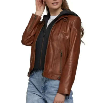 tan leather hood jacket